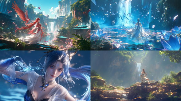 from an angled medium shot perspective, unreal engine 5. chest two dot, obviously, lu xueqi, by square enix cinematic art, 原神. her figure twists gracefully and her head is slightly raised, one hand slightly raises, with a radiant glow all around. the waterfall splashes with water vapor filling the air. trending on cgisociety. (((ethereal chinese anime))).