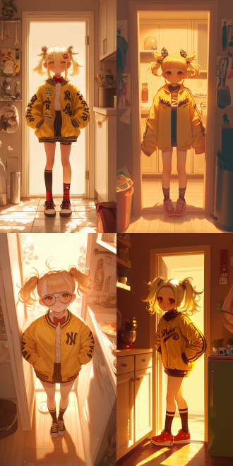 标志性短金发双马尾红蝴蝶结少女，黑白带字黄里棒球外套，黑红袜黑鞋，q版站厨房门两侧，暖光，漫画风，可爱氛围，特写，暖色调。
