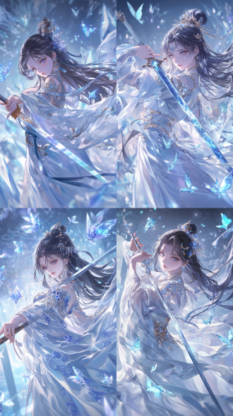 精致动漫女人着三星堆纹丝绸汉服舞剑，长发碎钻发光，中国宫殿内，梦幻风格，景深效果，柔和光，英气，高饱和色。