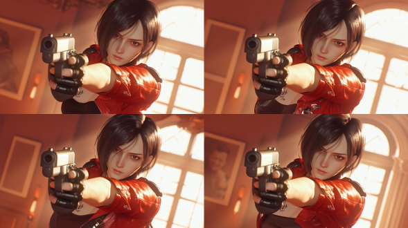 漂亮女子似艾达王，红皮夹克黑套裙，光滑肌肤，双手举枪打丧尸，特写，游戏cg、动漫风，虚幻5渲染，暖光，优雅。