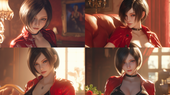 漂亮女子似生化危机4重置版艾达王，红夹克黑套裙，皮肤无瑕，特写，游戏cg风，虚幻5渲染，暖光，优雅，动漫风。