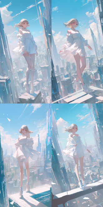 漂亮女孩上帝视角，穿着白色短裙，皮肤洁白无瑕，在繁华的都市