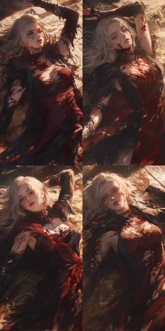 高角度斜拍视角，陆雪琪于战场，衣衫褴褛伤痕累累，慢抬双臂，仙幻动漫风，square enix cg风，暖光，特写，凄美。