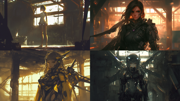 机械少女，三分法构图，赛博朋克风，废弃工厂，冷色调，长焦镜头，逆光，站立，机械元素，冷峻神情。