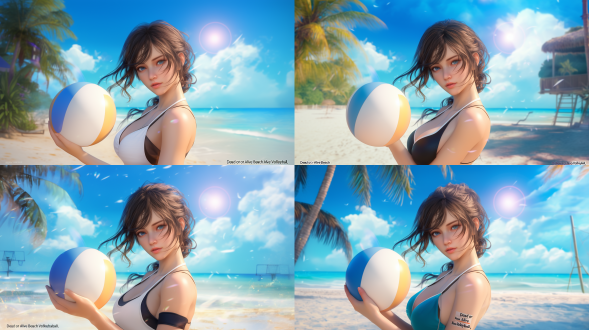 《死或生沙滩排球》美女，三分构图，奇幻浪漫仙侠风，c4d与ue5渲染，海边，长焦，逆光，飘逸，梦幻色彩，甜美。