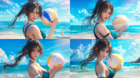 《死或生沙滩排球》美女，三分构图，奇幻浪漫仙侠风，c4d与ue5渲染，海边，长焦，逆光，飘逸，梦幻色彩，甜美。