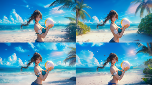 《死或生沙滩排球》美女，三分构图，奇幻浪漫仙侠风，c4d与ue5渲染，海边，长焦，逆光，飘逸，梦幻色彩，甜美。