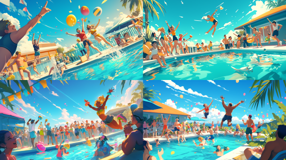 夏日派对海报，居中构图，户外泳池边人们欢呼跳舞，色彩鲜艳暖色系，超广角镜头，顶光，动感活力。