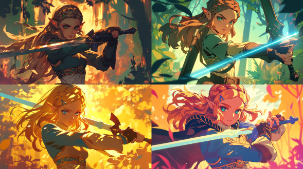 塞尔达传说风格女子，三分法构图，奇幻森林，暖冷色调交织，长焦镜头，逆光，拔剑，英姿飒爽，神情坚定。