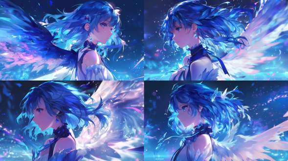 蓝发人物，带大师魅力，背后神秘天空，有精致翅膀，三分法构图，梦幻环境，长焦镜头，逆光，静态，蓝紫配色，神秘氛围，超高分辨率。