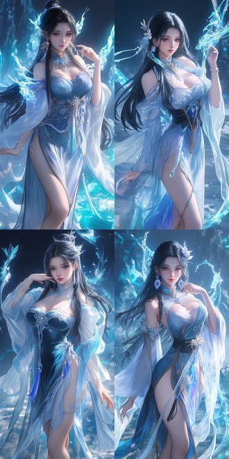 2. 5 d cgi anime , ((ethereal chinese anime)), xianxia style. the main subject is charming oriental belle, she has long, shiny black hair, part of which cascades down her back like a waterfall. curved body. manga.