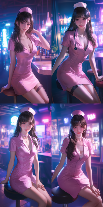 漂亮黑发红肤女孩穿粉色护士服戴帽在夜总会微笑，对角线布局，浅景深，暖光，8k raw写实，轻松氛围。