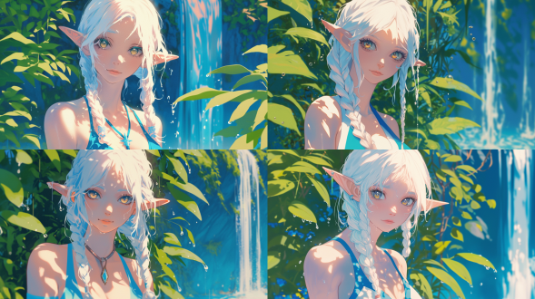 精灵女性，白卷发编辫尖耳金眸，着蓝白泳衣带水珠，户外瀑布绿植环绕，近景，写实动漫风，光影强，暖光，特写，灵动。