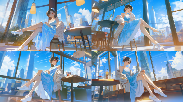 神似春丽的中国美女，浅蓝长裙配米色开衫白鞋，坐淮海路咖啡馆，低10度前拍，新海诚2.5d风，暖光，交叉腿，现代都市，高分辨率。