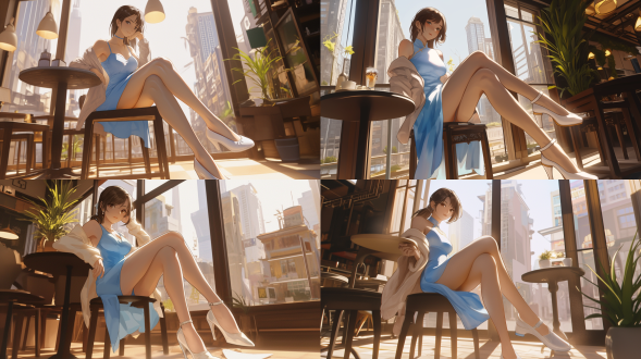 神似春丽的中国美女，浅蓝长裙配米色开衫白鞋，坐淮海路咖啡馆，低10度前拍，新海诚2.5d风，暖光，交叉腿，现代都市，高分辨率。
