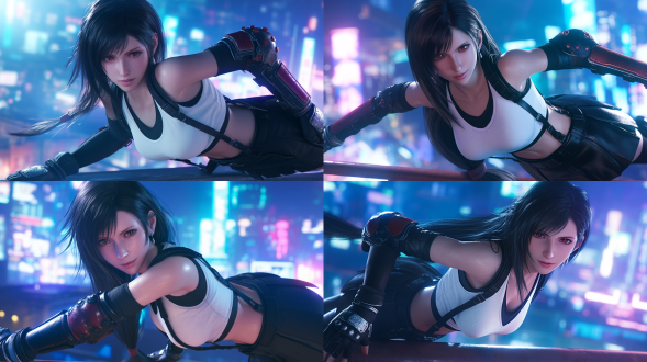 蒂法·洛克哈特战斗，对角线构图，霓虹薄雾背景，白短上衣黑裙靴，高马尾，温柔微笑，虚幻引擎，8k，唯美淳欲，侧光。