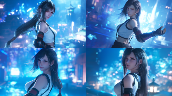 蒂法·洛克哈特战斗，对角线构图，霓虹薄雾背景，白短上衣黑裙靴，高马尾，温柔微笑，虚幻引擎，8k，唯美淳欲，侧光。