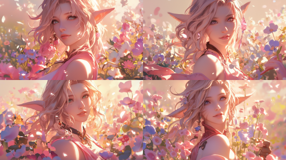 最终幻想爱丽丝，粉色连衣裙，温柔微笑，花丛中，三分构图，梦幻风，长焦镜头，逆光，光影闪烁，甜美，暖色系。