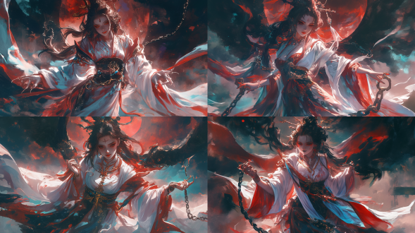 中国魔幻风女性鬼怪神话人物，魁梧柔弱，表情凶狠，白衣持铁链，阴暗神话背景，全身构图，逆光，绚丽色，油画丙烯大笔触，压迫庄重。
