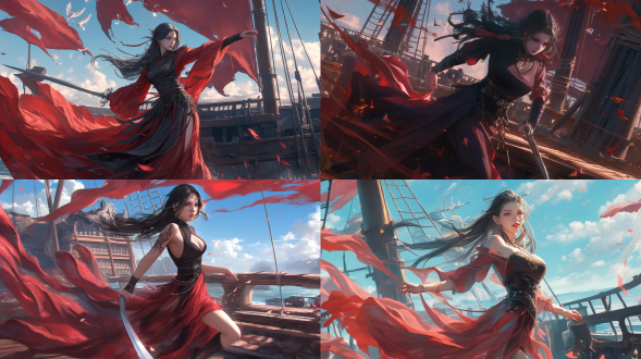 中国美女似re4重制版艾达·王在中世纪船甲板疾跑，银黑长发，妆容精致，着中世纪长裙配短剑，2.5d动漫，wlop风，动态感，高速快门。