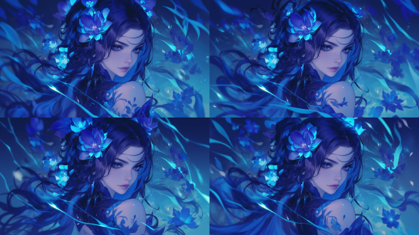 动漫风深蓝肤女性，深色发饰蓝花，蓝纹纹身眼眸，蓝光影服饰，黑暗背景，s形构图，暖光，特写，神秘魔幻，曲线美。
