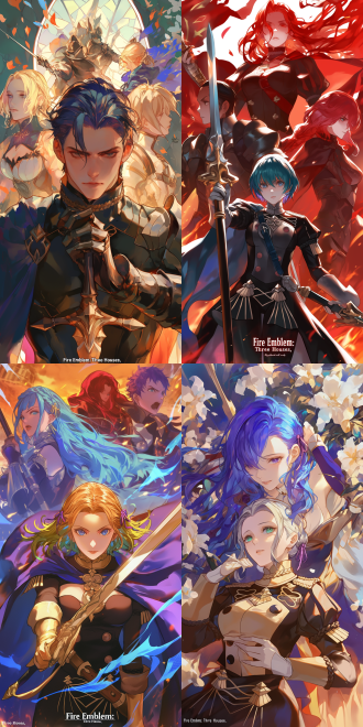 艺术风格融合《火焰纹章：风花雪月》元素，肤白美剑士圣徒似蕾姆与蒂法，动态捕捉，色彩丰富，超高清，特写镜头，侧逆光，灵动。