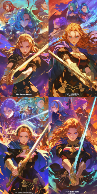 艺术风格融合《火焰纹章：风花雪月》元素，肤白美剑士圣徒似蕾姆与蒂法，动态捕捉，色彩丰富，超高清，特写镜头，侧逆光，灵动。