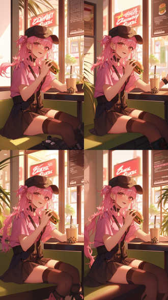 粉色少女穿短裙戴太阳镜在汉堡店吃汉堡喝奶茶，三分法构图，室内暖光，特写镜头，鲜艳色彩，欢快氛围。
