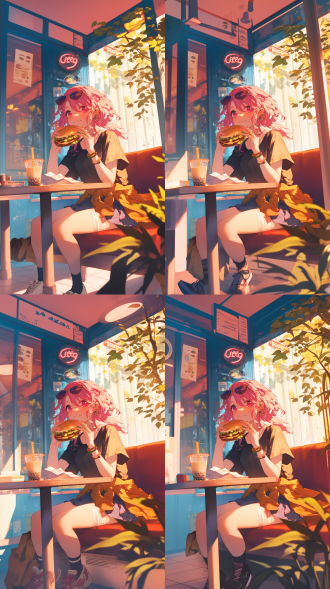 粉色少女穿短裙戴太阳镜在汉堡店吃汉堡喝奶茶，三分法构图，室内暖光，特写镜头，鲜艳色彩，欢快氛围。