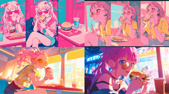粉色少女短裙墨镜汉堡店吃喝，三分法构图，特写，室内暖光，鲜艳色彩，欢快氛围，活泼动作，可爱神情。