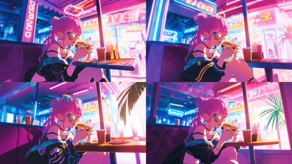 粉色少女短裙墨镜汉堡店吃喝，三分法构图，特写，室内暖光，鲜艳色彩，欢快氛围，活泼动作，可爱神情。