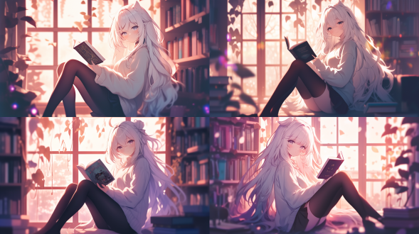 白发美丽女孩坐看手游动漫书，短裙黑丝，三分构图，二次元风格，室内暖光，长焦镜头，柔焦，安静，粉色系。