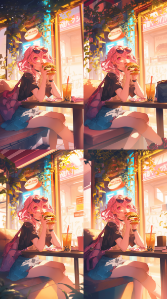 粉色少女穿短裙戴太阳镜在汉堡店吃汉堡喝奶茶，三分法构图，室内暖光，特写镜头，鲜艳色彩，欢快氛围。