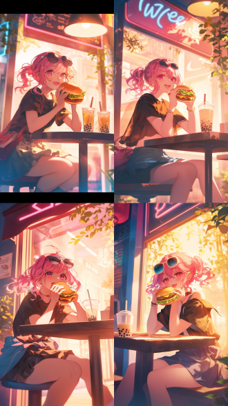 粉色少女穿短裙戴太阳镜在汉堡店吃汉堡喝奶茶，三分法构图，室内暖光，特写镜头，鲜艳色彩，欢快氛围。