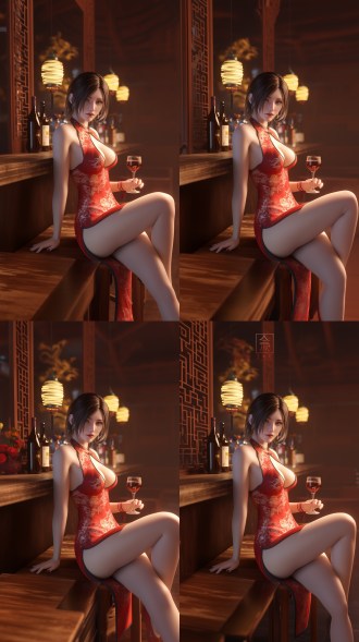 中国成熟魅力美女，似生化危机4重制版艾达王，着龙纹红白旗袍坐酒吧持红酒，侧低角3d，暖光软影，半身特写，细节丰富。