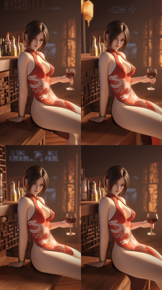 中国成熟魅力美女，似生化危机4重制版艾达王，着龙纹红白旗袍坐酒吧持红酒，侧低角3d，暖光软影，半身特写，细节丰富。