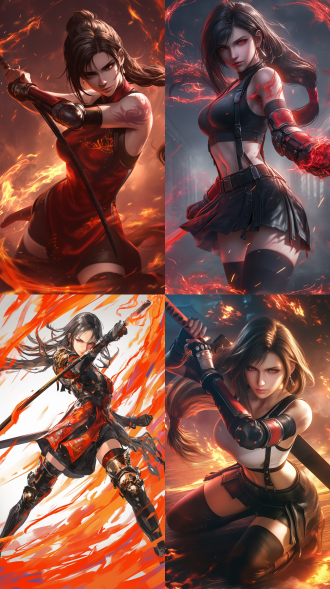 美貌剑师，白皙皮肤似蒂法和雷姆，动态姿势，有火纹三 houses 元素，对角线构图，丰富色彩，超高清，侧光，动作捕捉，动感。