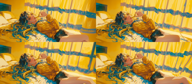 黄蓝渐变色头发女孩躺床上伸舌吃香蕉，眼神深情，三分构图，卧室环境，长焦镜头，暖光，特写，活泼，彩色。