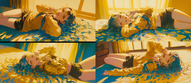 黄蓝渐变色头发女孩躺床上伸舌吃香蕉，眼神深情，三分构图，卧室环境，长焦镜头，暖光，特写，活泼，彩色。