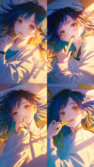 黄蓝渐变色头发女孩躺床上伸舌吃香蕉，眼神深情，三分构图，卧室环境，暖光，特写镜头，色彩鲜艳，俏皮可爱。