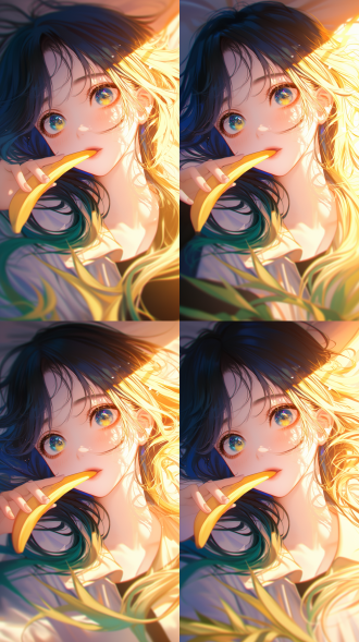 黄蓝渐变色头发女孩躺床上伸舌吃香蕉，眼神深情，三分构图，卧室环境，暖光，特写镜头，色彩鲜艳，俏皮可爱。