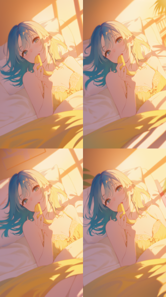 黄蓝渐变色头发女孩躺床上伸舌吃香蕉，眼神深情，三分构图，卧室环境，暖光，特写镜头，色彩鲜艳，俏皮可爱。