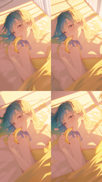 黄蓝渐变色头发女孩躺床上伸舌吃香蕉，眼神深情，三分构图，卧室环境，暖光，特写镜头，色彩鲜艳，俏皮可爱。