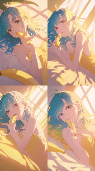 黄蓝渐变色头发女孩躺床上伸舌吃香蕉，眼神深情，三分构图，卧室环境，暖光，特写镜头，色彩鲜艳，俏皮可爱。