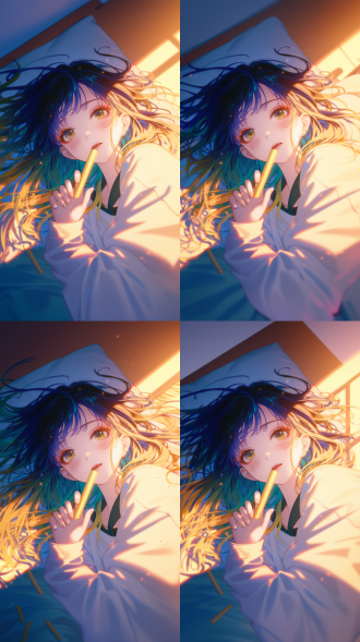 黄蓝渐变色头发女孩躺床上伸舌吃香蕉，眼神深情，三分构图，卧室环境，暖光，特写镜头，色彩鲜艳，俏皮可爱。