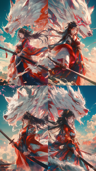 仙侠风2.5d动漫cgi，低仰视角，黑发持剑少女微张红唇露白牙，姿态优雅曲线美，浮云瑞兽背景，色彩丰富，广角，暖光。