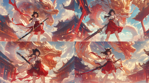 仙侠风2.5d动漫cgi，低仰视角，黑发持剑少女嘴微张露白牙，姿态优雅曲线美，浮云瑞兽背景，色彩丰富，高饱和，暖光，唯美。