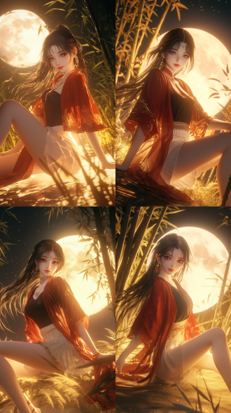 中国仙侠女孩坐姿，红袍黑衫白裙配饰，月光竹林背景，三分构图，3d写实风，暖光，长焦，梦幻氛围。