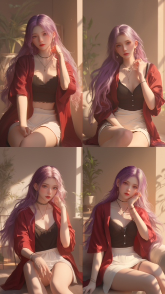 紫粉色头发女孩坐姿，着红袍黑衫白裙配饰，三分构图，3d写实，暖光长焦，梦幻氛围，面部恬静，暖色调。