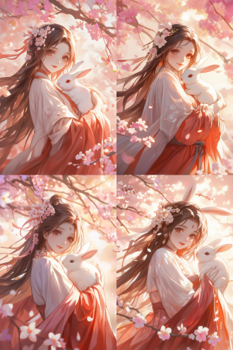 古风女生，精致五官，披肩长发，年轻女性，毛茸茸皮草衣，肩膀站白兔，华丽汉服，二次元画风，对称构图，柔和光影，暖色调，浅景深，唯美氛围，优雅站姿，微笑表情，樱花背景，细腻笔触，高饱和度，古典装饰。